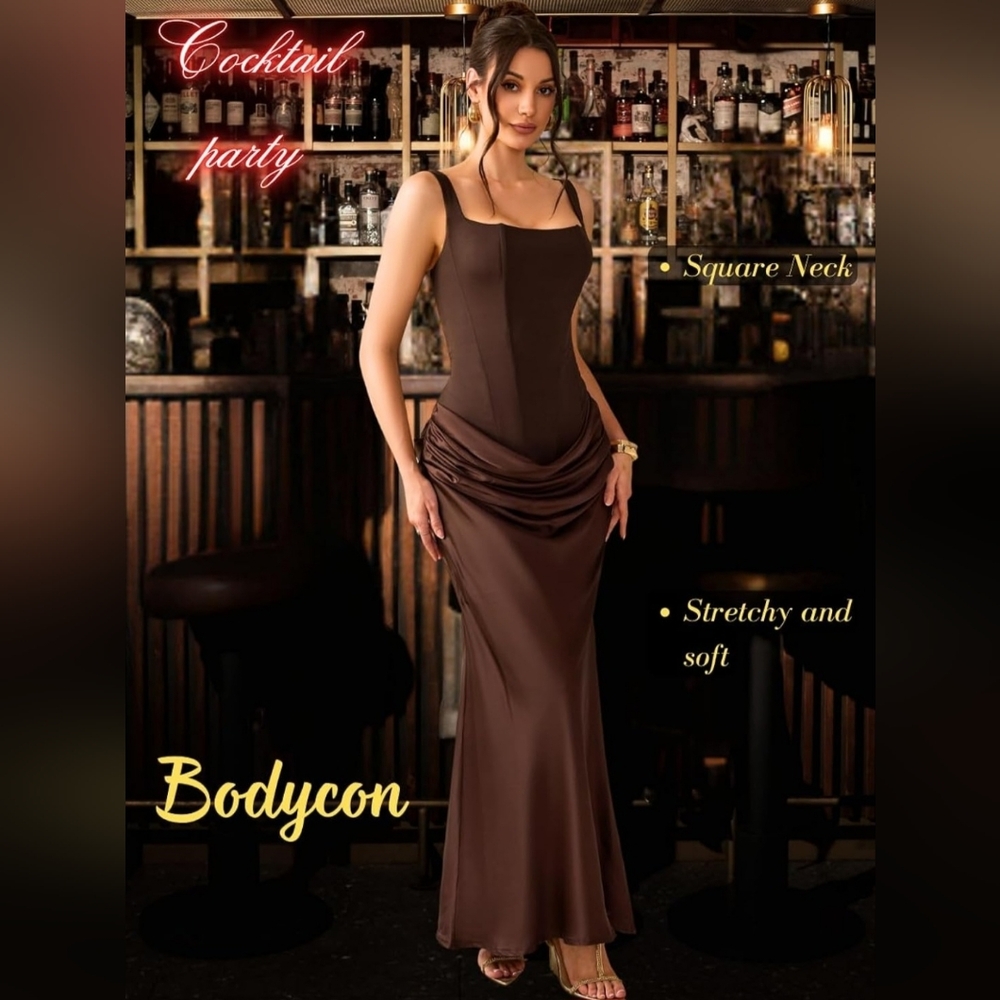 Elegant Brown Satin Lace-Up Dress - Picture 6 of 7